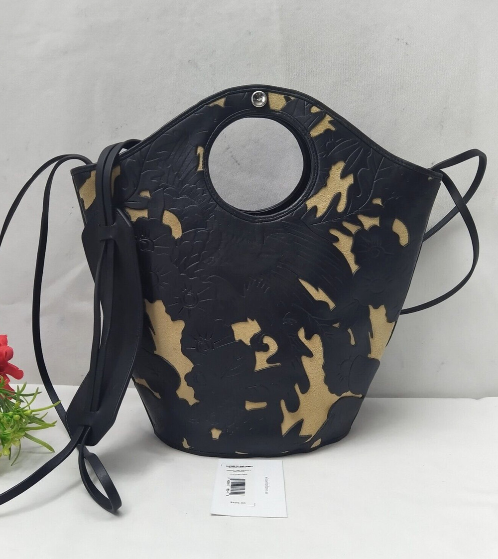 Elizabeth and James Black Leather Artisan Embossed Market Shopper Satchel Bag